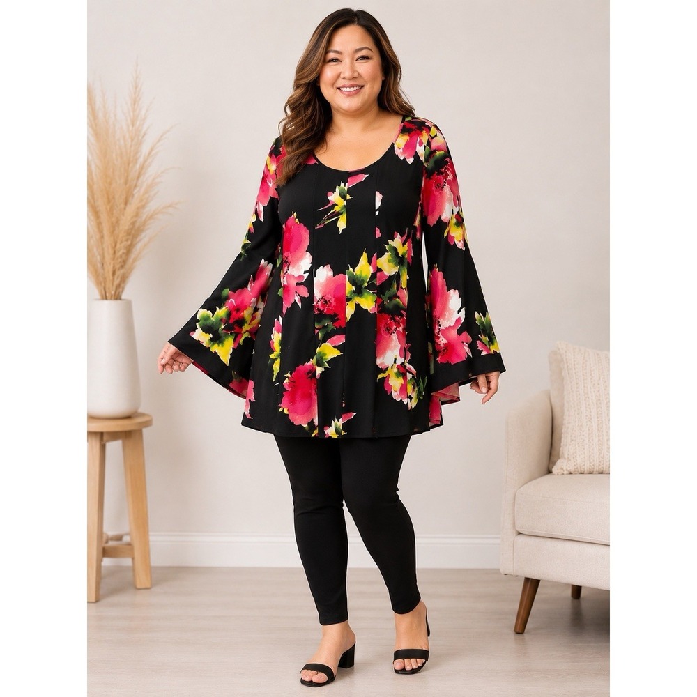 Relativity Dress Sz 1X Plus Black Floral Bell Sleeve Princess Seam Stretch Tunic